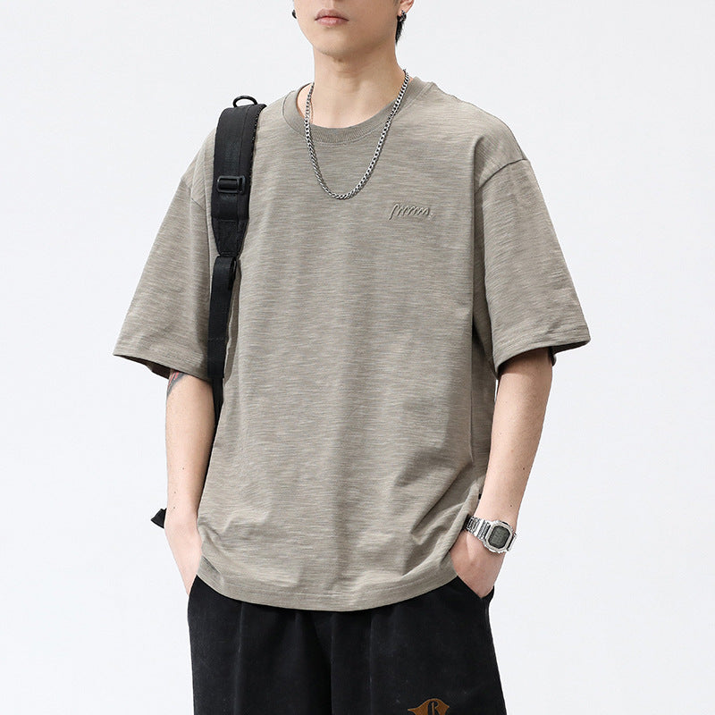 [WHOLESALE ONLY - CONTACT TO ORDER] Men's Heavyweight 100% Slub Cotton Oversized Drop-Shoulder T-Shirt with Embroidered Logo (Khaki Grey) [AW-462]