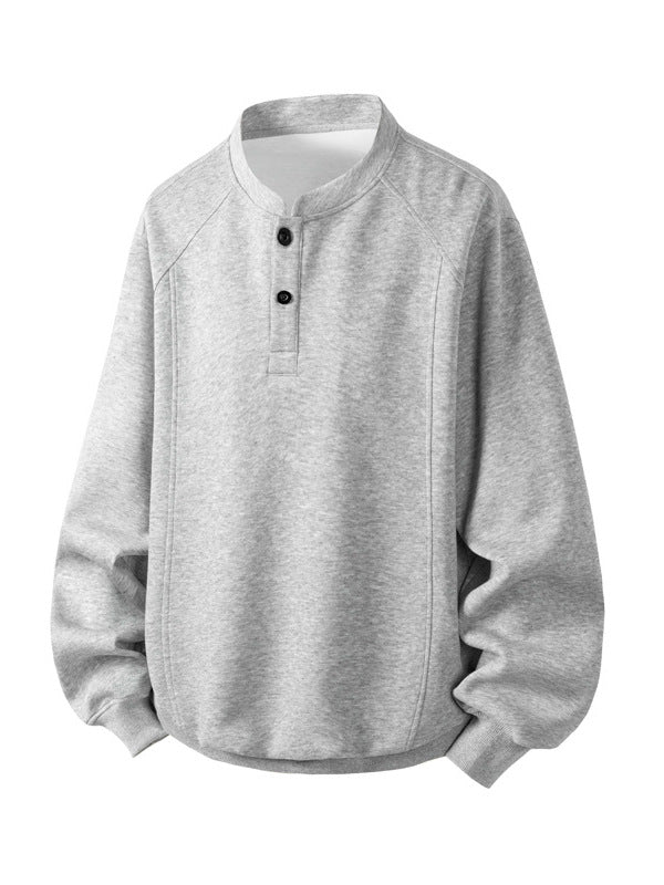 [WHOLESALE ONLY - CONTACT TO ORDER] Men's Korean Clean Fit Heavyweight Scuba Fleece Drop-Shoulder Henley Sweatshirt (Heather Grey Melange) [AW-337]