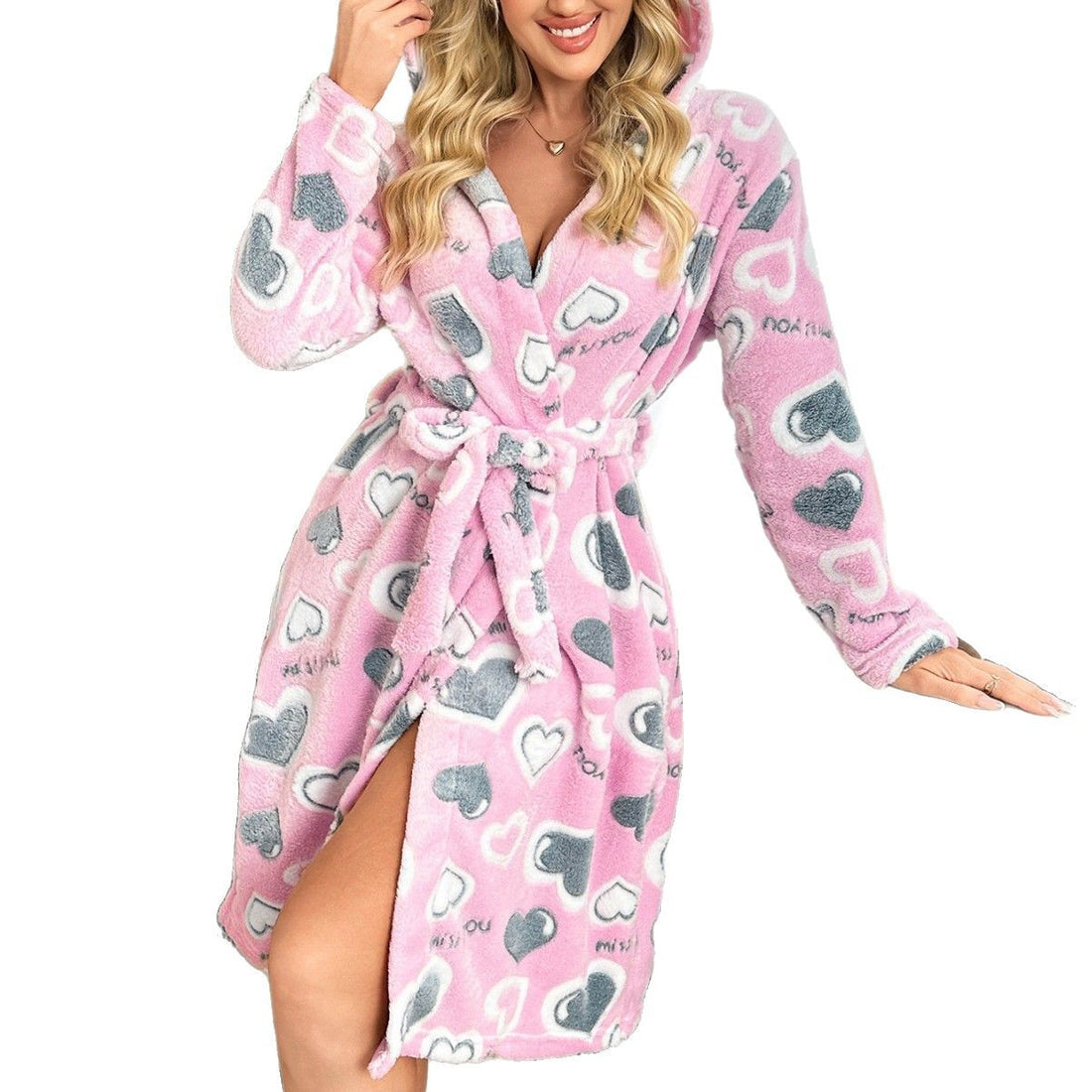 [WHOLESALE ONLY - CONTACT TO ORDER] Women's Ultra-Soft Plush Flannel Fleece Hooded Robe with Belt (Pink Heart Print) [AW-347]