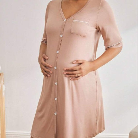 [WHOLESALE ONLY - CONTACT TO ORDER] Women's 70% Combed Cotton Breathable V-Neck Button-Down Maternity & Nursing Nightgown Dress (Dusty Rose) [AW-404]