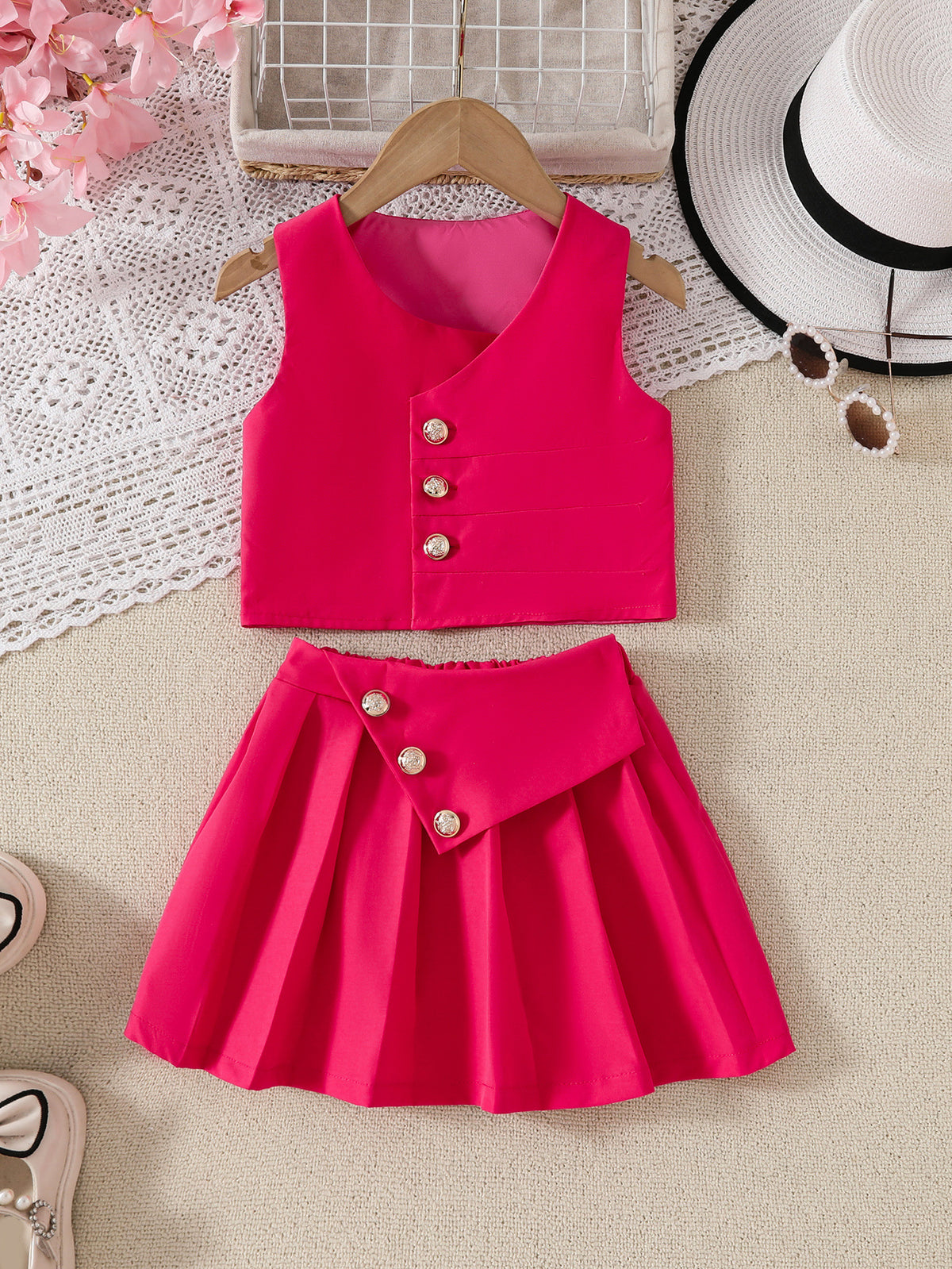 [WHOLESALE ONLY - CONTACT TO ORDER] Toddler & Girls Chic Asymmetrical Button-Front Vest & Pleated Skirt 2-Piece Suit Set (Hot Pink) [KW-198]