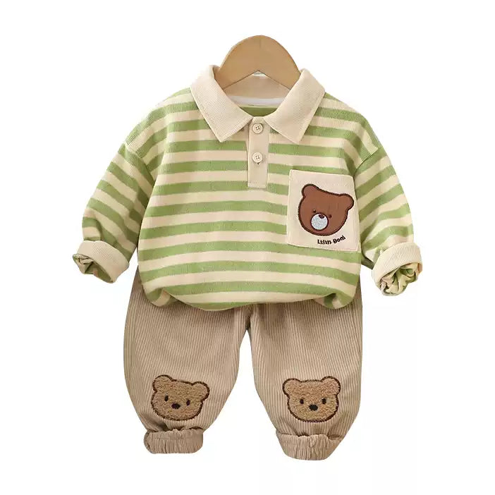 [WHOLESALE ONLY - CONTACT TO ORDER] Toddler Baby Boys 2-Piece Striped Polo Sweatshirt & Corduroy Pants Set - Cute Bear Patchwork Autumn Loungewear[KW-169]