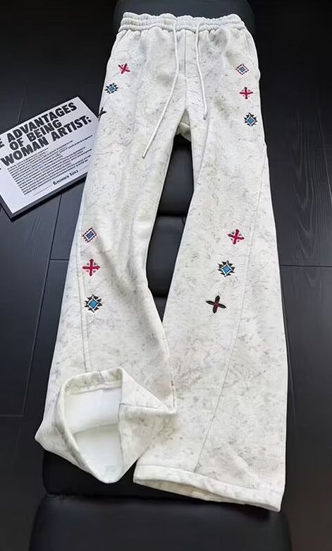 Men’s Flared Sweatpants, Streetwear Style, Tie-Dye Embroidery, Curved Leg Joggers, Spring Casual Pants[NA-017]