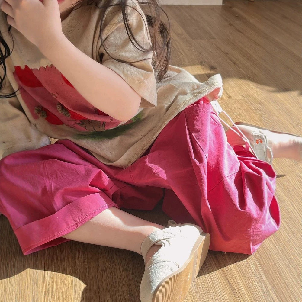 [WHOLESALE ONLY - CONTACT TO ORDER] Toddler Girls Relaxed Fit 95% Cotton 3D Crochet Apple Graphic T-Shirt and Wide-Leg Culotte Pants Set (Oatmeal & Hot Pink) [KW-174]