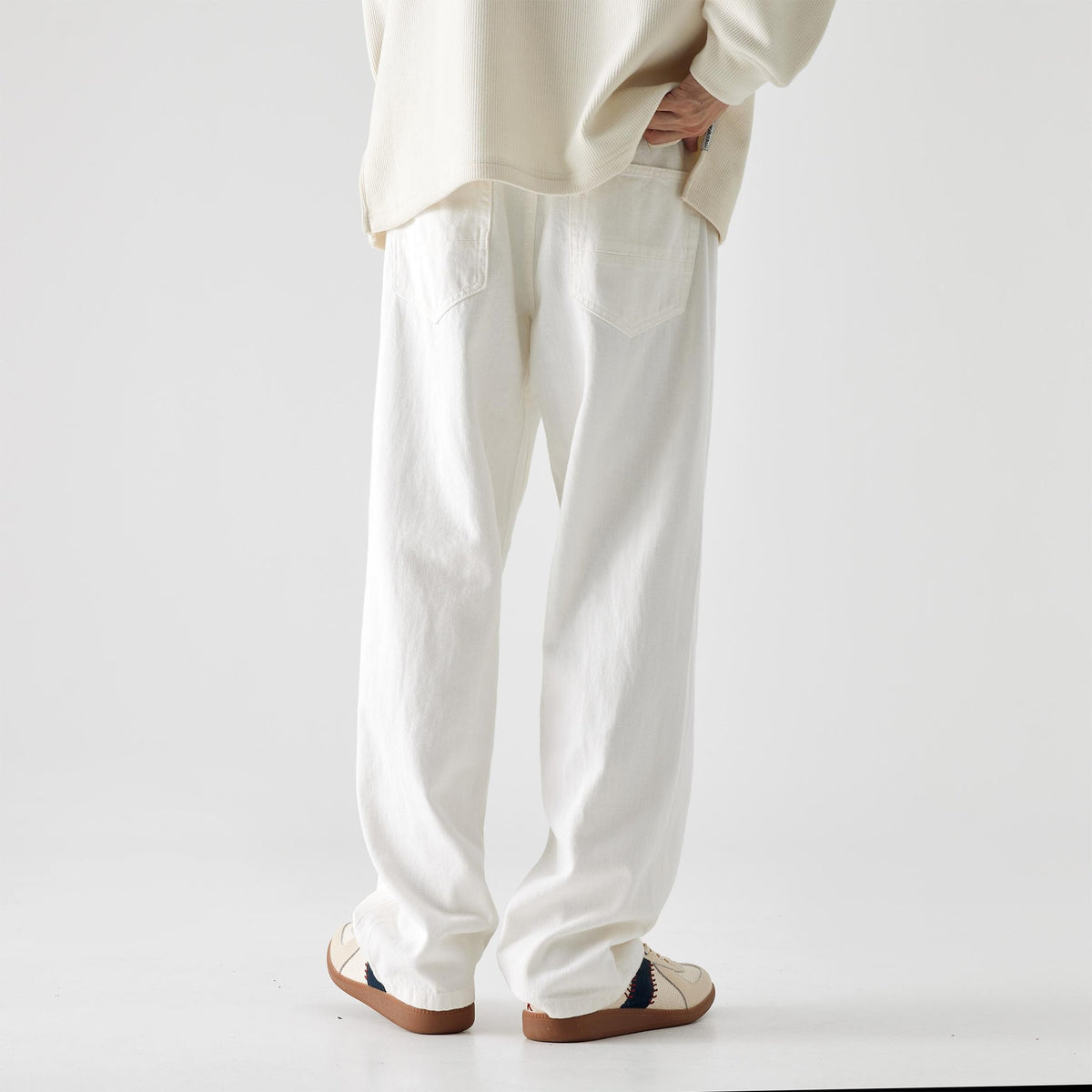 [WHOLESALE ONLY - CONTACT TO ORDER] Men's Korean Clean Fit Heavyweight 100% Cotton Relaxed Straight Wide-Leg Jeans (Off-White / Natural Ivory) [AW-327]