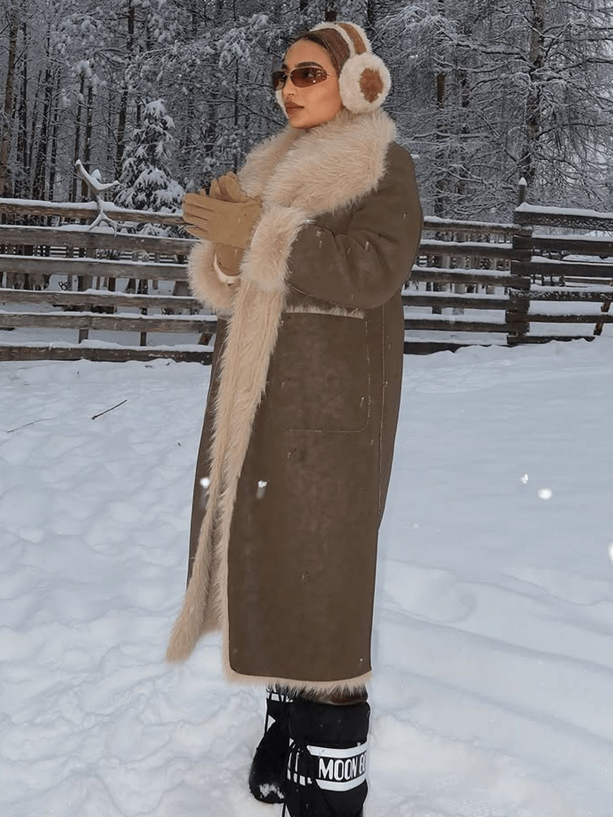[WHOLESALE ONLY - CONTACT TO ORDER] Women's Vintage 70s Longline Cotton Blend Faux Suede Shearling Coat with Plush Fur Trim Collar (Taupe Brown) [AW-452]
