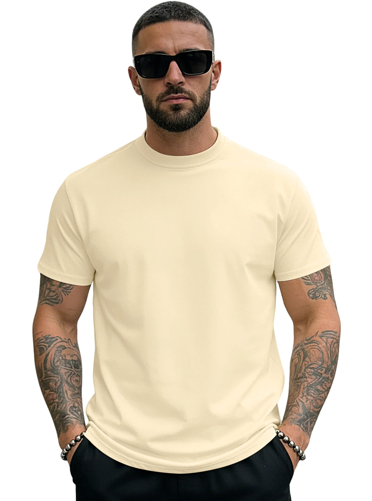 [WHOLESALE ONLY - CONTACT TO ORDER] Men's Heavyweight Cotton Spandex Mock Neck Muscle Fit Blank Short Sleeve T-Shirt [AW-128]