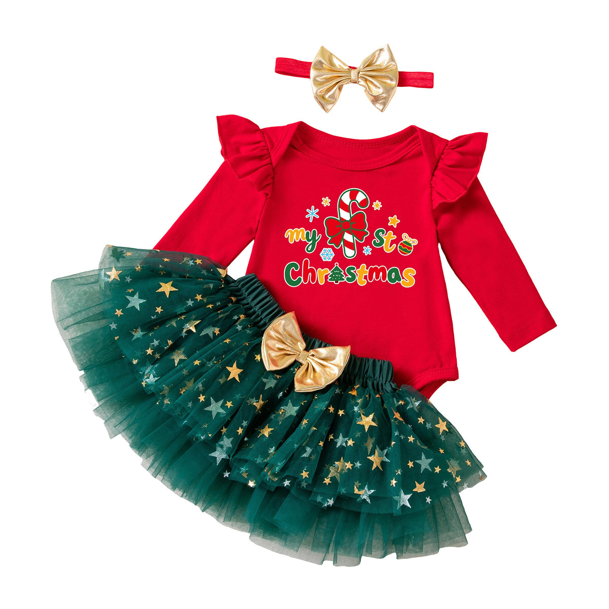 [WHOLESALE ONLY - CONTACT TO ORDER] Baby Girls 95% Combed Cotton Ruffle Long Sleeve "My 1st Christmas" Bodysuit & Gold Star Tulle Tutu Skirt 3-Piece Set with Headband (Festive Red & Green) [KW-227]