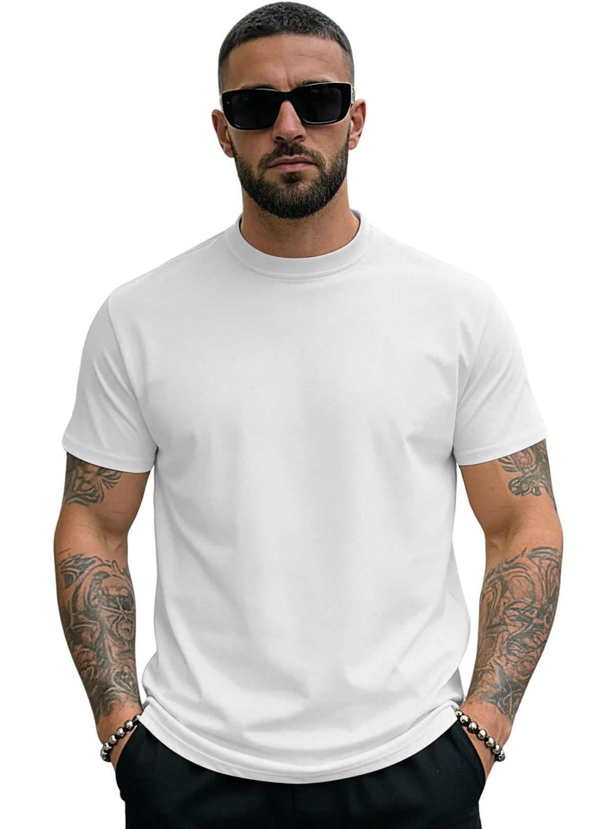 [WHOLESALE ONLY - CONTACT TO ORDER] Men's Heavyweight Cotton Spandex Mock Neck Muscle Fit Blank Short Sleeve T-Shirt [AW-128]