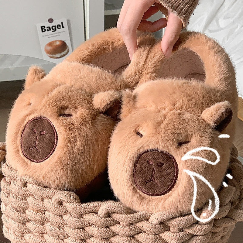 [WHOLESALE ONLY - CONTACT TO ORDER] Unisex 3D Cute Capybara Plush Fleece-Lined Non-Slip Platform Slippers (Warm Caramel Brown) [FM-134]