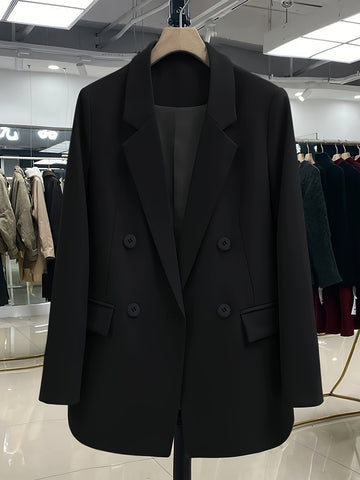 [WHOLESALE ONLY - CONTACT TO ORDER] Women's Oversized Double-Breasted Notch Lapel Heavyweight Twill Suit Blazer (Classic Black) [AW-392]