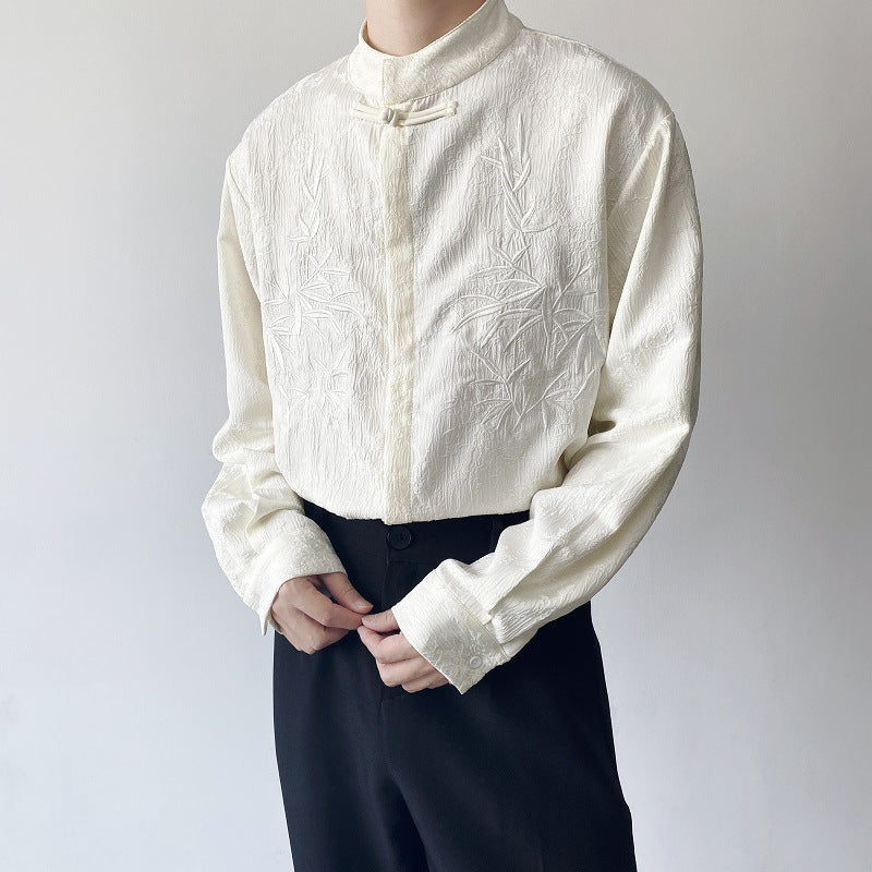 [WHOLESALE ONLY - CONTACT TO ORDER] Men's Mandarin Collar Cotton Blend Jacquard Textured Long Sleeve Shirt with Bamboo Embroidery (Off-White) [AW-438]