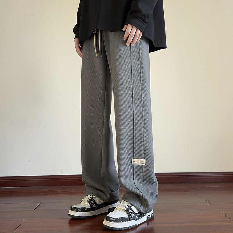 [WHOLESALE ONLY - CONTACT TO ORDER] Men's Waffle Textured Wide-Leg Baggy Sweatpants with Double Side Stripes & Drawstring (Cream White) [AW-149]