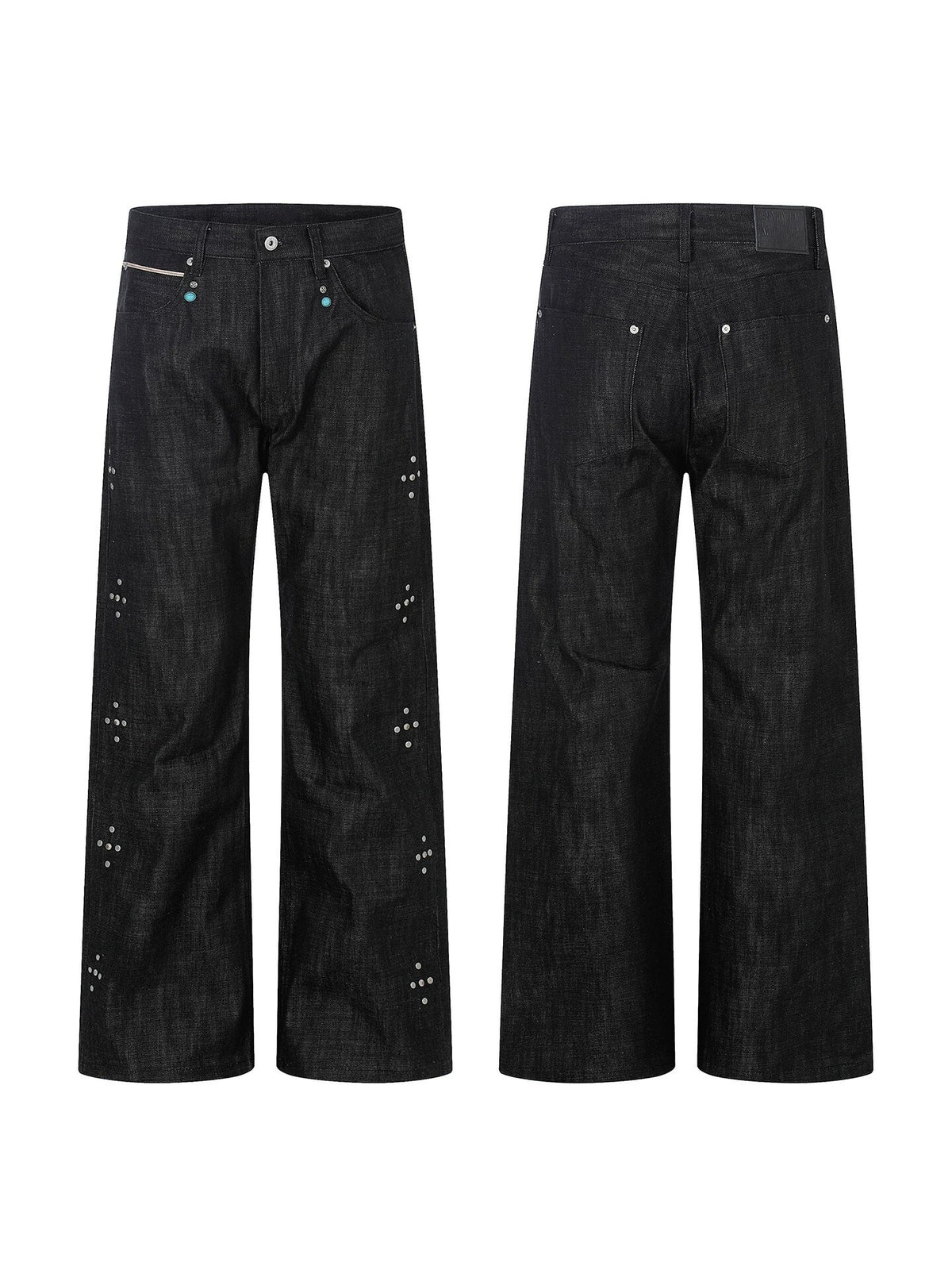 [WHOLESALE ONLY - CONTACT TO ORDER] Men's Heavyweight 100% Cotton Loose Fit Starburst Studded Wide-Leg Flare Jeans (Raw Charcoal Black) [AW-484]