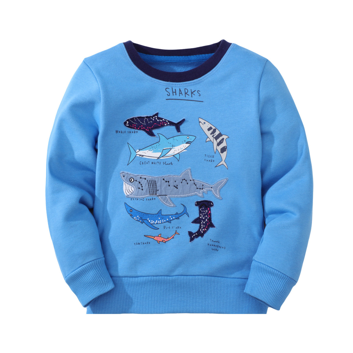 [WHOLESALE ONLY - CONTACT TO ORDER] Boys Heavyweight Cotton French Terry Ocean Sharks Embroidered Sweatshirt (Sky Blue) [KW-234]