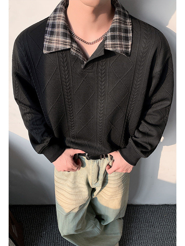 [WHOLESALE ONLY - CONTACT TO ORDER] Men's Heavyweight 75% Cotton Cable Jacquard Textured Plaid Collar Polo Sweatshirt (Washed Solid Black) [AW-425]