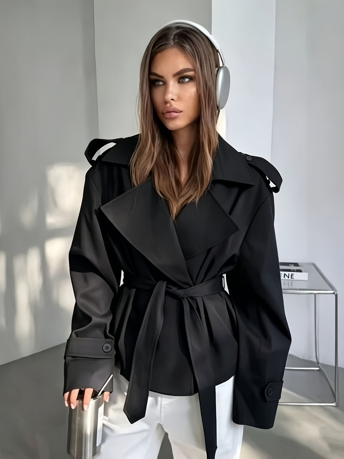 [WHOLESALE ONLY - CONTACT TO ORDER] Women's Oversized Belted Cropped Trench Jacket with Storm Flap & Wide Lapel (Classic Black) [AW-395]