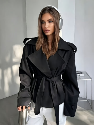 [WHOLESALE ONLY - CONTACT TO ORDER] Women's Oversized Belted Cropped Trench Jacket with Storm Flap & Wide Lapel (Classic Black) [AW-395]