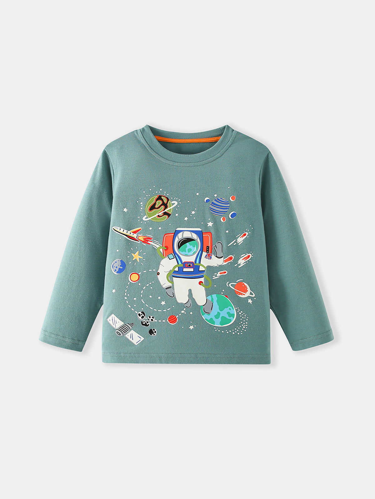 [WHOLESALE ONLY - CONTACT TO ORDER] Toddler & Boys 100% Combed Cotton Space Astronaut & Planets Long Sleeve T-Shirt (Sage Green) [KW-243]