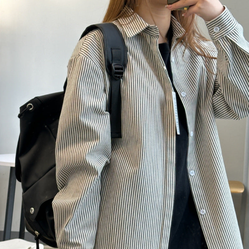 [WHOLESALE ONLY - CONTACT TO ORDER] Unisex Oversized Heavyweight 100% Cotton Long Sleeve Vertical Striped Button-Up Shirt (Black & White Stripe) [AW-433]