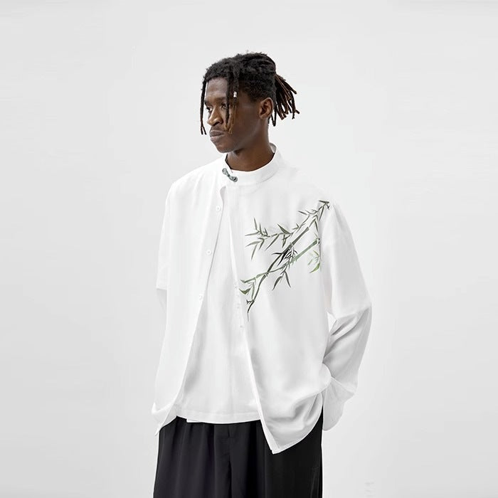 [WHOLESALE ONLY - CONTACT TO ORDER] Men's Mandarin Collar Draped Cotton Blend Long Sleeve Shirt with Bamboo Artwork & Jade Frog Button (White) [AW-445]