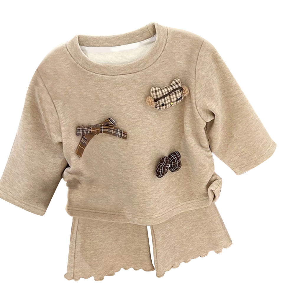 [WHOLESALE ONLY - CONTACT TO ORDER] Toddler & Girls Combed Cotton Plaid Bow & Bear Appliqué Top & Flare Pants 2-Piece Set (Oatmeal Beige) [KW-264]