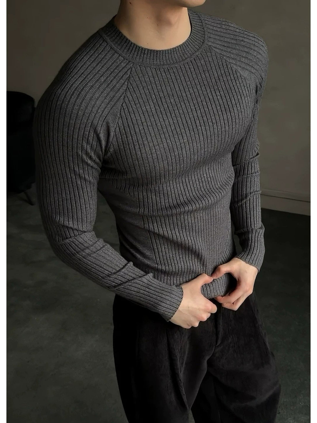 [WHOLESALE ONLY - CONTACT TO ORDER] Men's Muscle Slim Fit High-Stretch Cotton Blend Ribbed Raglan Long Sleeve Knit Sweater (Charcoal Heather Grey) [AW-293]