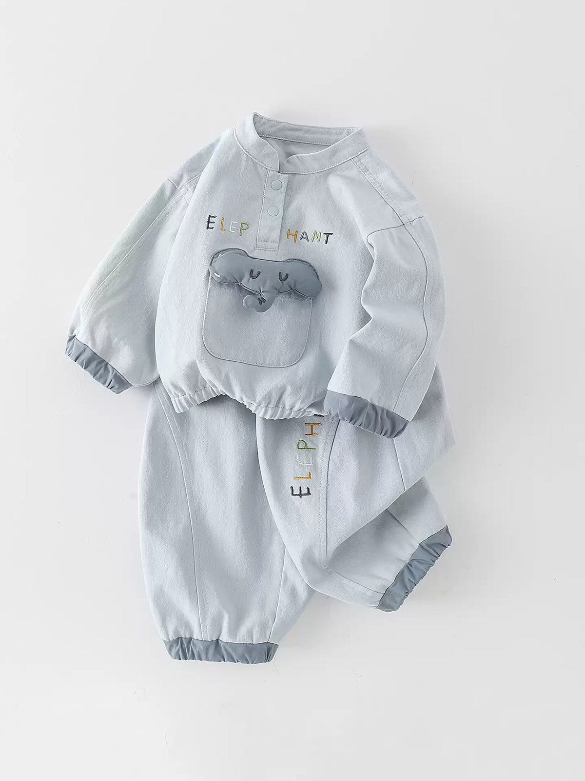 [WHOLESALE ONLY - CONTACT TO ORDER] Toddler Boys Lightweight Cotton Twill Windbreaker Pullover & Balloon Jogger Pants Set - 3D Padded Elephant Pocket Tracksuit [KW-157]
