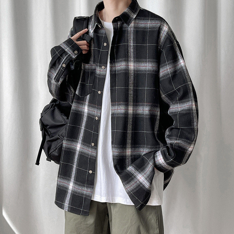 [WHOLESALE ONLY - CONTACT TO ORDER] Unisex Relaxed Fit 100% Cotton Heavyweight Brushed Shadow Plaid Long Sleeve Flannel Shirt (Black & Grey) [AW-275]