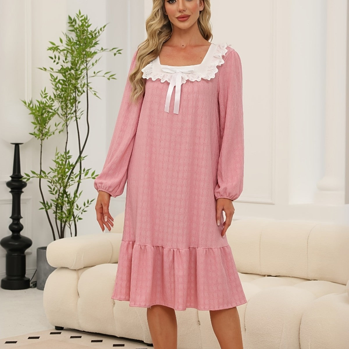 [WHOLESALE ONLY - CONTACT TO ORDER] Women's Victorian Lace Square Neck Long Sleeve Nightgown Lounge Dress (Dusty Rose) [AW-391]