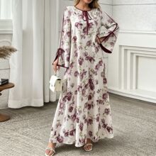 [WHOLESALE ONLY - CONTACT TO ORDER] Women's Modest Flowy Floral Print Split Bell Sleeve Tie-Neck Kaftan Maxi Dress (Mauve Rose Floral) [AW-402]