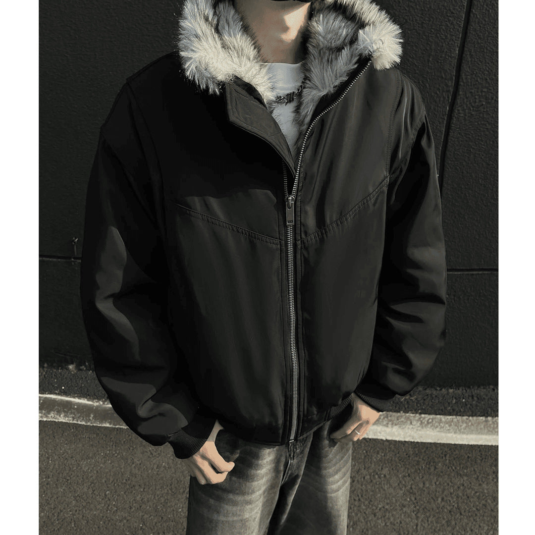 [WHOLESALE ONLY - CONTACT TO ORDER] Unisex Relaxed Fit Heavyweight 70% Cotton Padded Winter Bomber Jacket with Silver-Grey Faux Fur Hood (Jet Black) [AW-281]