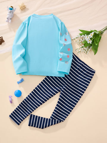 [WHOLESALE ONLY - CONTACT TO ORDER] Toddler & Girls Combed Cotton Unicorn Star Long Sleeve Top & Striped Leggings Set (Sky Blue/Navy) [KW-253]