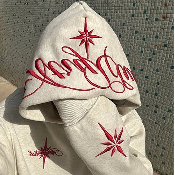 [WHOLESALE ONLY - CONTACT TO ORDER] Unisex Heavyweight Cotton Blend Y2K Starburst & Gothic Script Embroidered Fleece Hoodie (Oatmeal Grey) [AW-521]