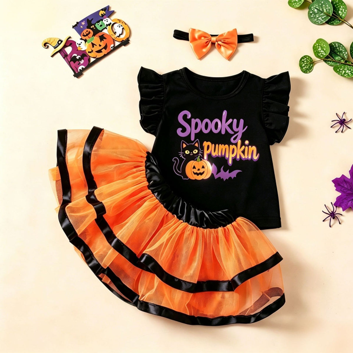 [WHOLESALE ONLY - CONTACT TO ORDER] Toddler Girls Premium 95% Cotton Halloween Ruffle Top & Orange Tutu Skirt 3-Piece Set (Fa-BOO-lous / Spooky Pumpkin) [KW-212]