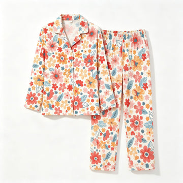 [WHOLESALE ONLY - CONTACT TO ORDER] Women's 100% Cotton Double Gauze Notch Collar Long Sleeve Floral Pajama Set (Retro Garden) [AW-389]
