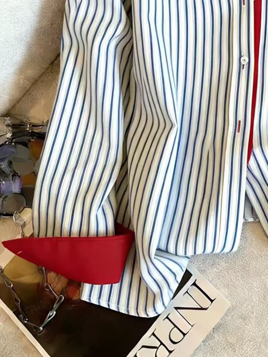 [WHOLESALE ONLY - CONTACT TO ORDER] Women's French Chic Oversized 100% Cotton Striped Poplin Shirt with Contrast Red Collar & Cuffs (Blue & White Stripe) [AW-319]