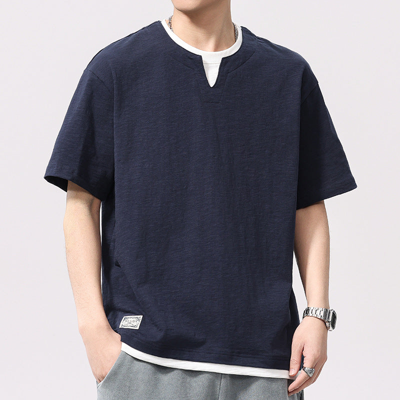 [WHOLESALE ONLY - CONTACT TO ORDER] Unisex Heavyweight 100% Slub Cotton Layered Notched V-Neck Loose Short Sleeve T-Shirt (Deep Navy Blue) [AW-364]