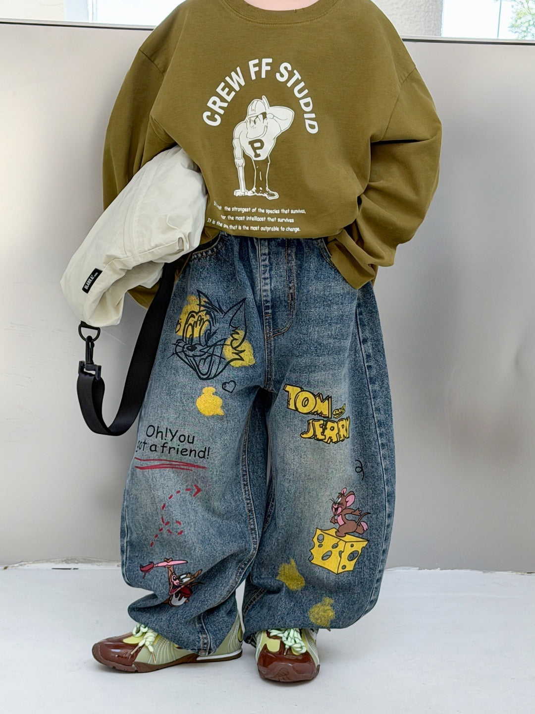 [WHOLESALE ONLY - CONTACT TO ORDER] Kids Unisex Baggy 85% Cotton Heavyweight Cartoon Graffiti Wide-Leg Denim Jeans (Washed Indigo Blue) [KW-224]