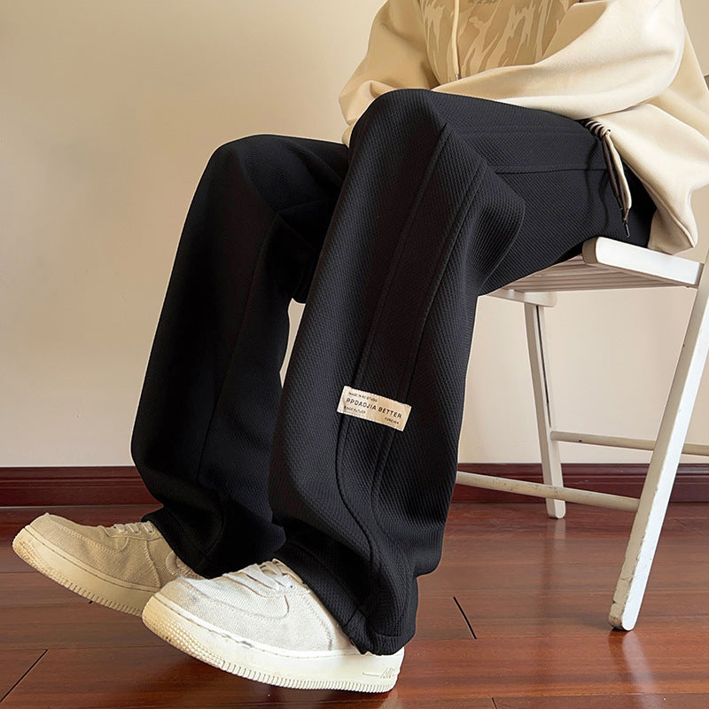 [WHOLESALE ONLY - CONTACT TO ORDER] Men's Waffle Textured Wide-Leg Baggy Sweatpants with Double Side Stripes & Drawstring (Cream White) [AW-149]