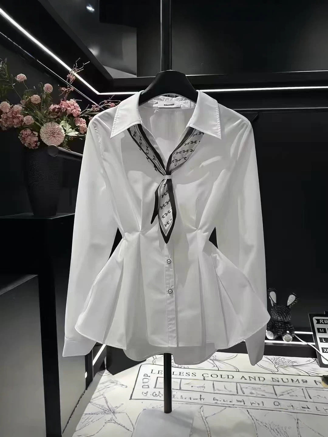 [WHOLESALE ONLY - CONTACT TO ORDER] Women's 70% Combed Cotton Scarf-Neck Pleated Waist Peplum Blouse Shirt (Pure White) [AW-409]