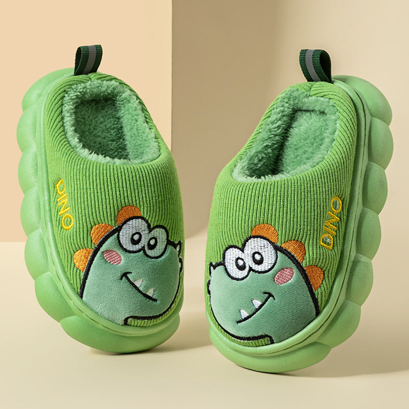 [WHOLESALE ONLY - CONTACT TO ORDER] Kids' Cartoon Dinosaur Plush Fleece-Lined Non-Slip EVA Platform Slippers (Avocado Green) [FM-133]