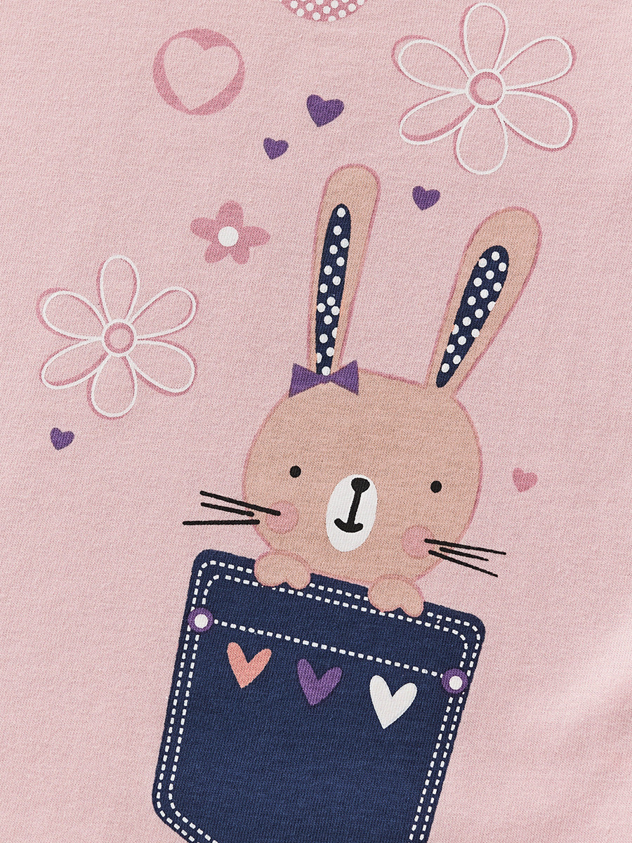 [WHOLESALE ONLY - CONTACT TO ORDER] Toddler & Girls 100% Combed Cotton Pocket Bunny Floral Long Sleeve T-Shirt (Pastel Pink) [KW-241]