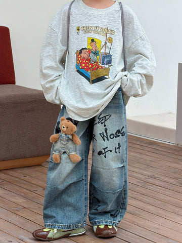 [WHOLESALE ONLY - CONTACT TO ORDER] Kids Korean Streetwear 3D Plush Teddy Bear Wide-Leg Graffiti Denim Jeans (Light Vintage Blue) [KW-202]