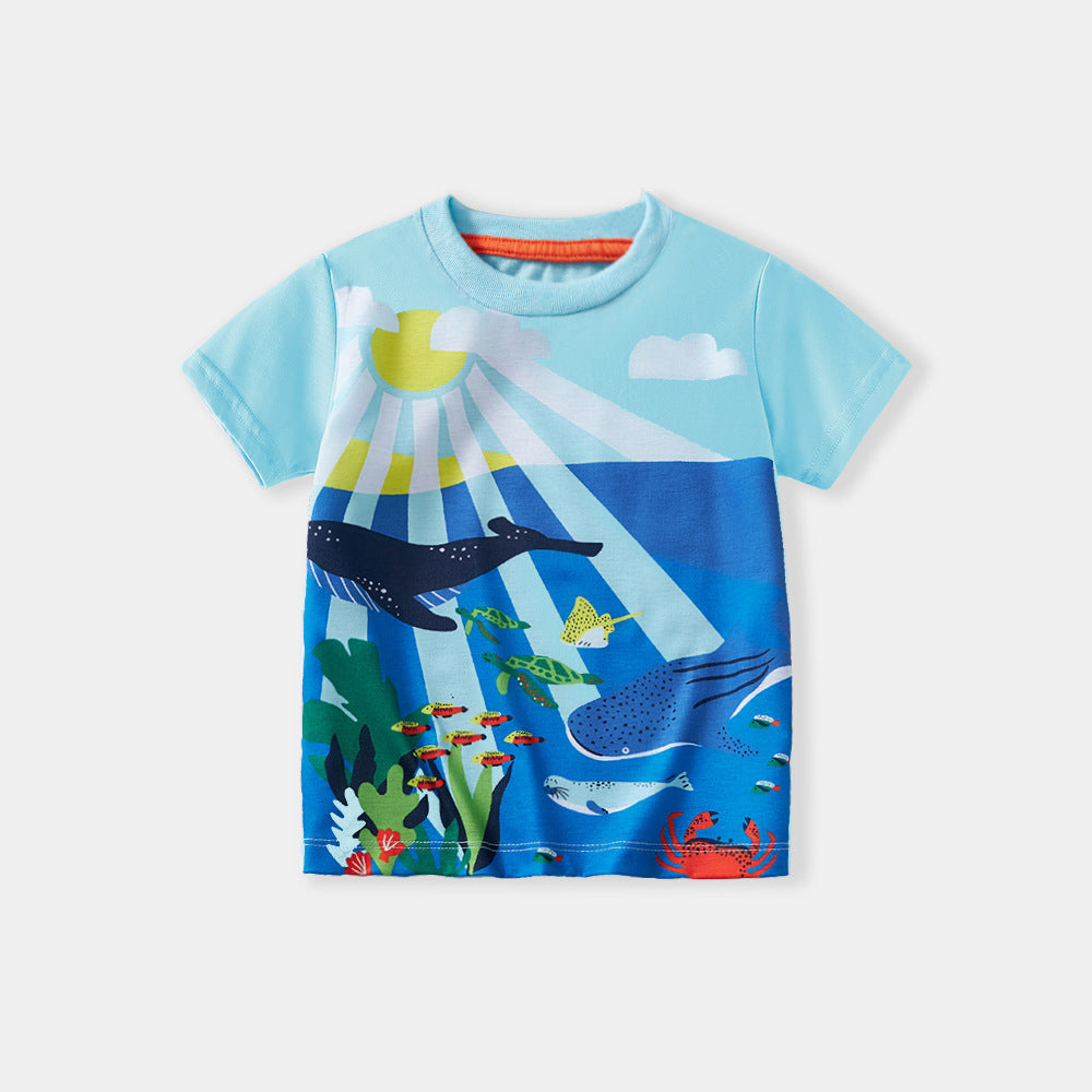 [WHOLESALE ONLY - CONTACT TO ORDER] Toddler & Boys 100% Combed Cotton Ocean World Marine Animals Short Sleeve T-Shirt (Aqua Blue) [KW-239]