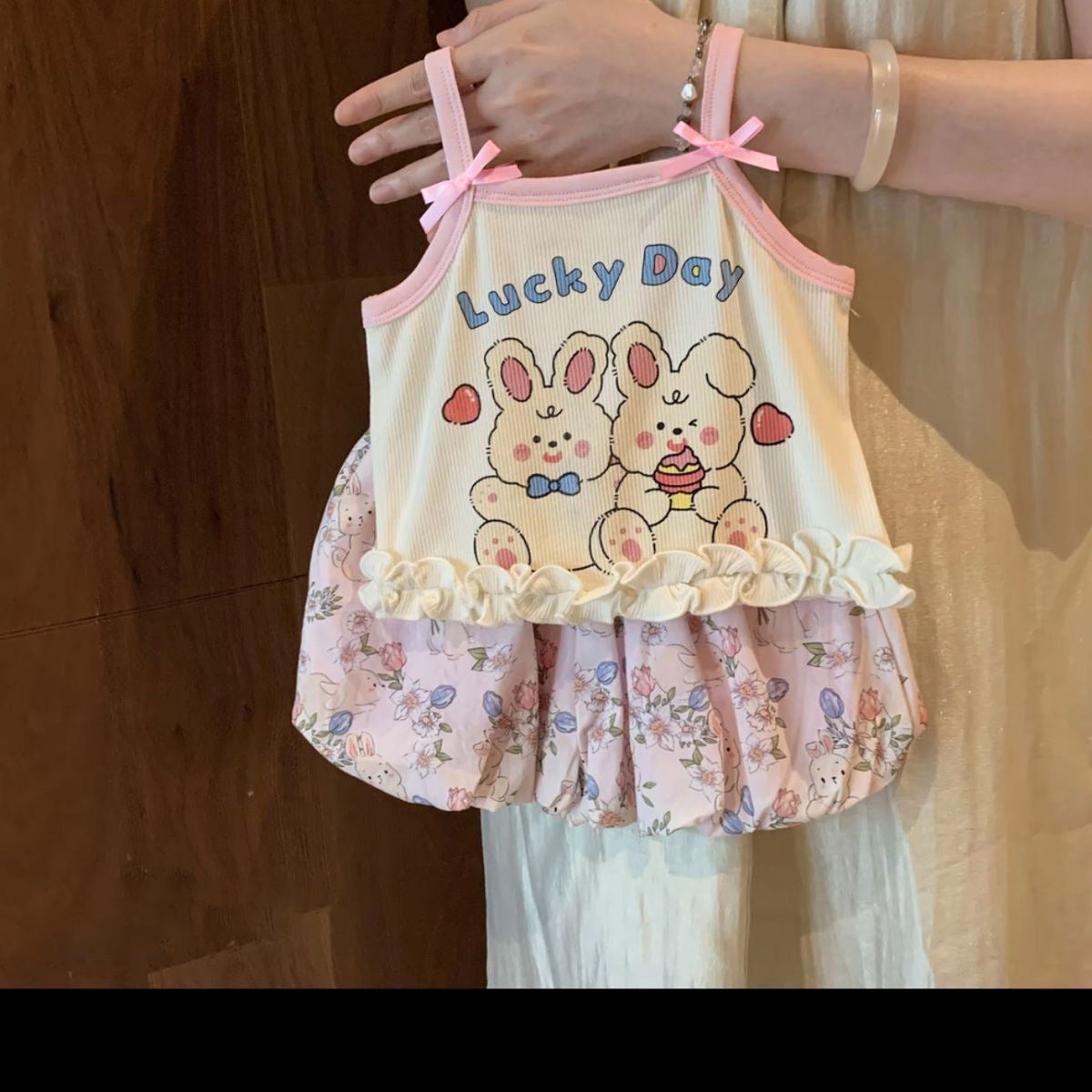[WHOLESALE ONLY - CONTACT TO ORDER] Toddler & Girls Combed Cotton Ribbed Bunny Camisole Top & Floral Bloomer Shorts 2-Piece Set (Ivory/Blush Pink) [KW-273]
