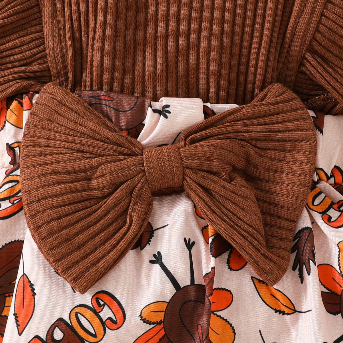 [WHOLESALE ONLY - CONTACT TO ORDER] Baby Girls Thanksgiving 95% Cotton Ribbed Ruffle Turkey Romper Dress with Headband Set (Chestnut Brown) [KW-187]