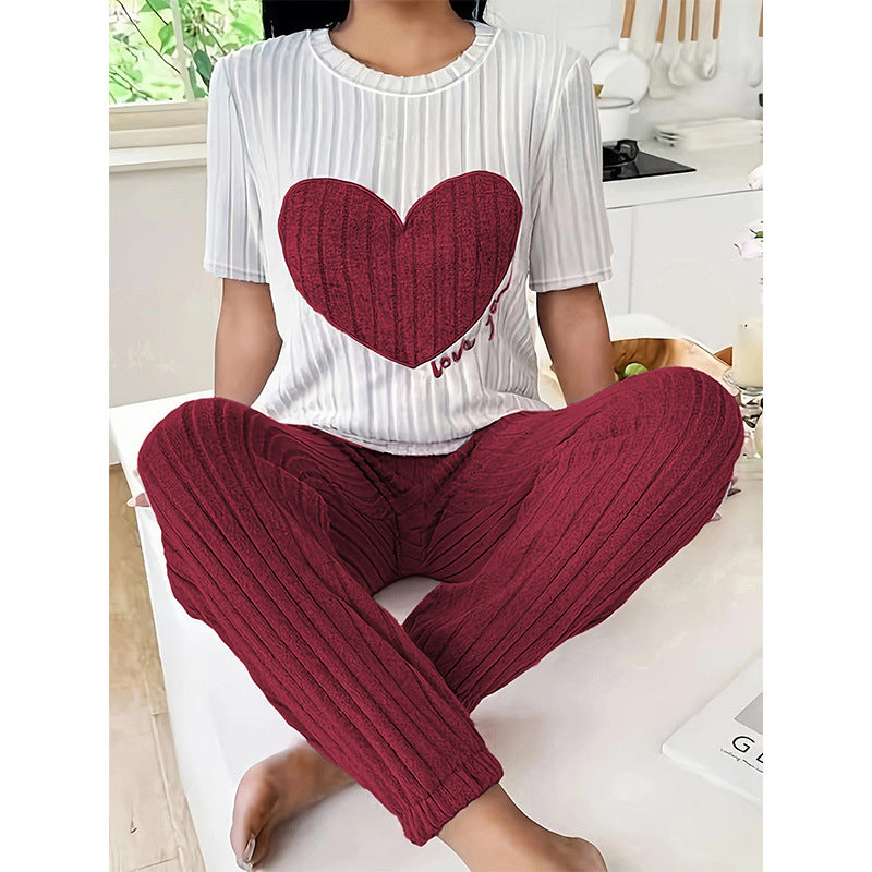 [WHOLESALE ONLY - CONTACT TO ORDER] Women's Ribbed Knit Heart Patch Short Sleeve Top & Pants 2-Piece Pajama Set (White / Wine Red) [AW-349]