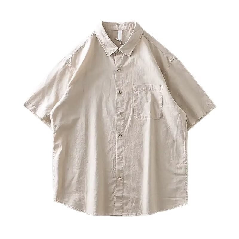 [WHOLESALE ONLY - CONTACT TO ORDER] Men's Relaxed Fit Cotton Linen Short Sleeve Button-Up Shirt with Chest Pocket (Oatmeal Beige) [AW-434]