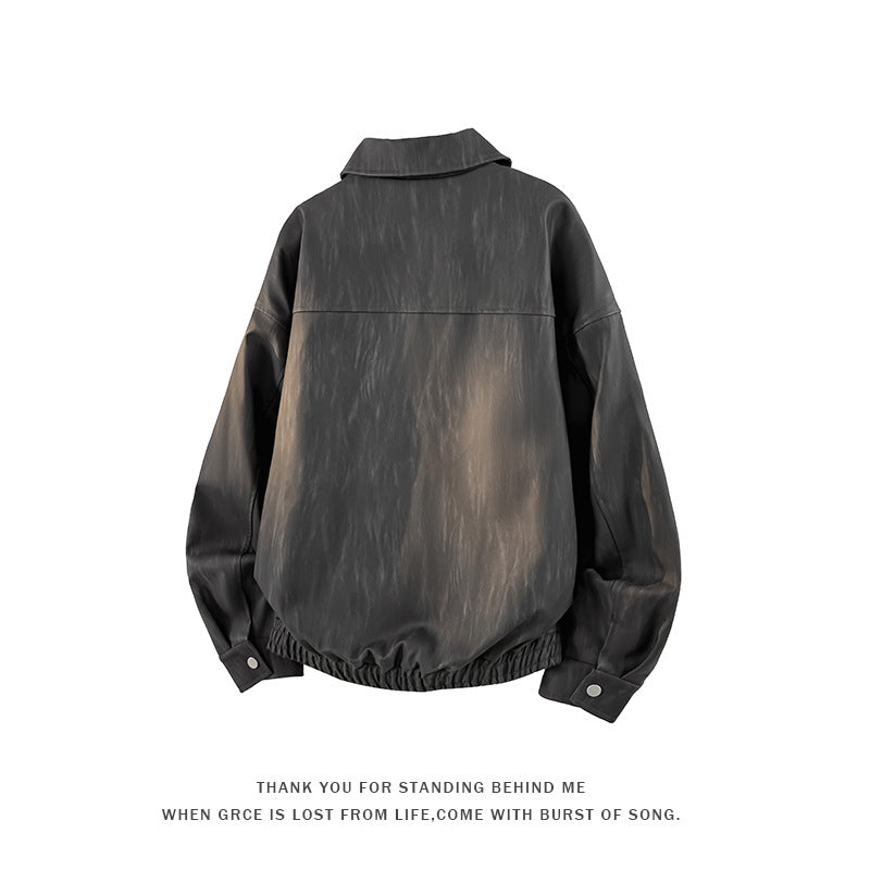 [WHOLESALE ONLY - CONTACT TO ORDER] Unisex Relaxed Fit Distressed Washed Faux Leather Zip-Up Harrington Jacket with Panel Seams (Charcoal Black) [AW-280]